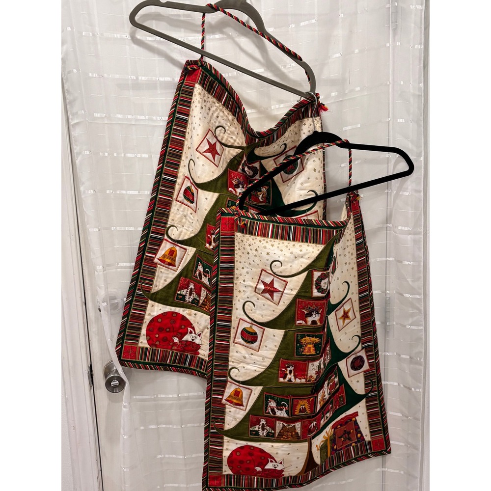 Set of 2 Quilted Cat Christmas Tree Advent Calendars Fabric Wall Hanging Decor
